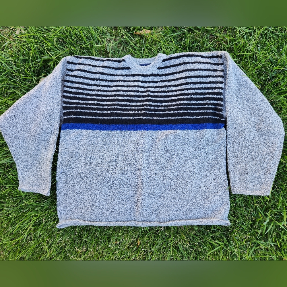Vintage Mens L'Homme Grey Blue Stripe Sweater XL Pullover 90s Wool